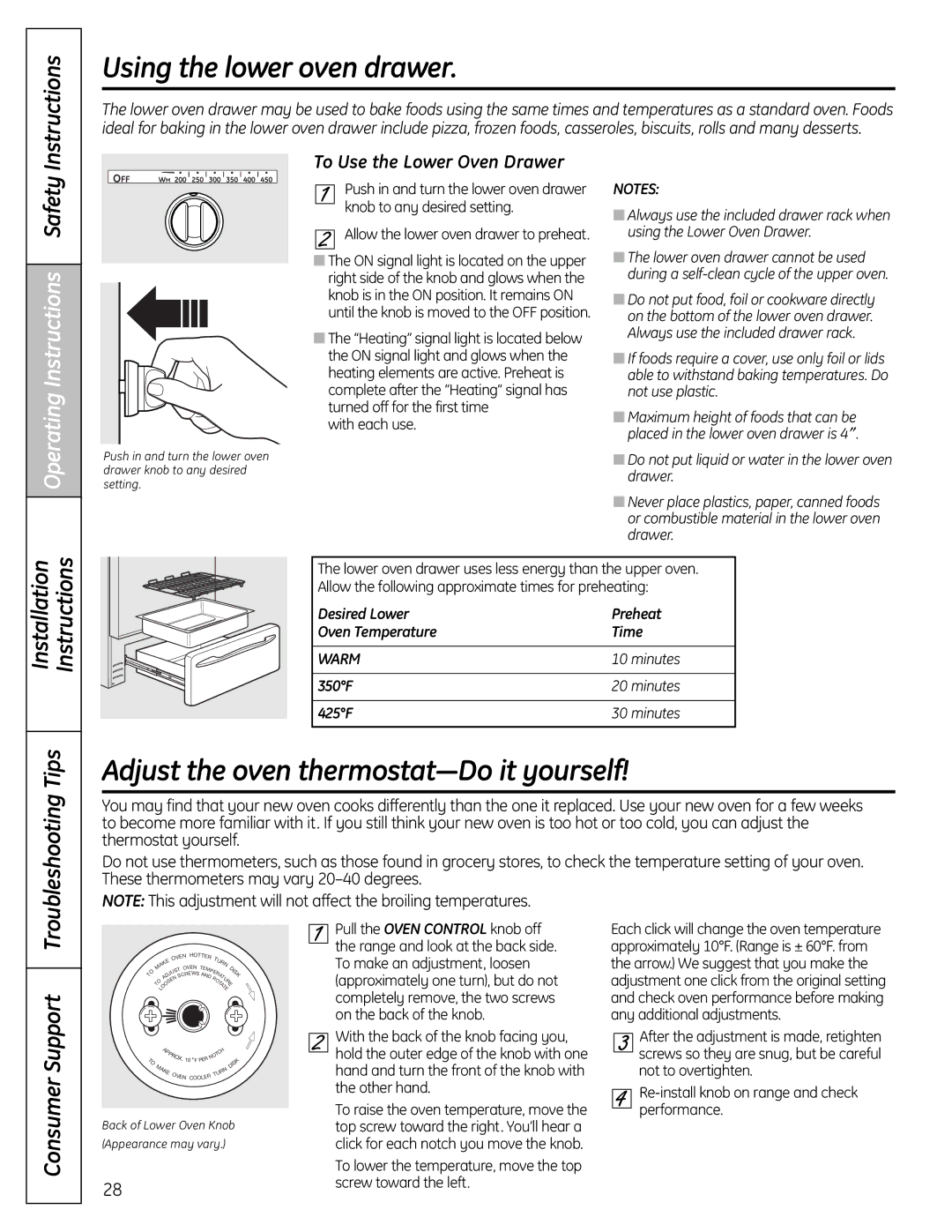 GE C2S980 Using the lower oven drawer, Adjust the oven thermostat-Do it yourself, Operating Instructions Safety 