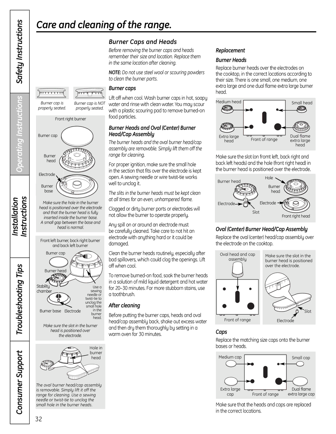 GE C2S980 installation instructions Burner Caps and Heads 