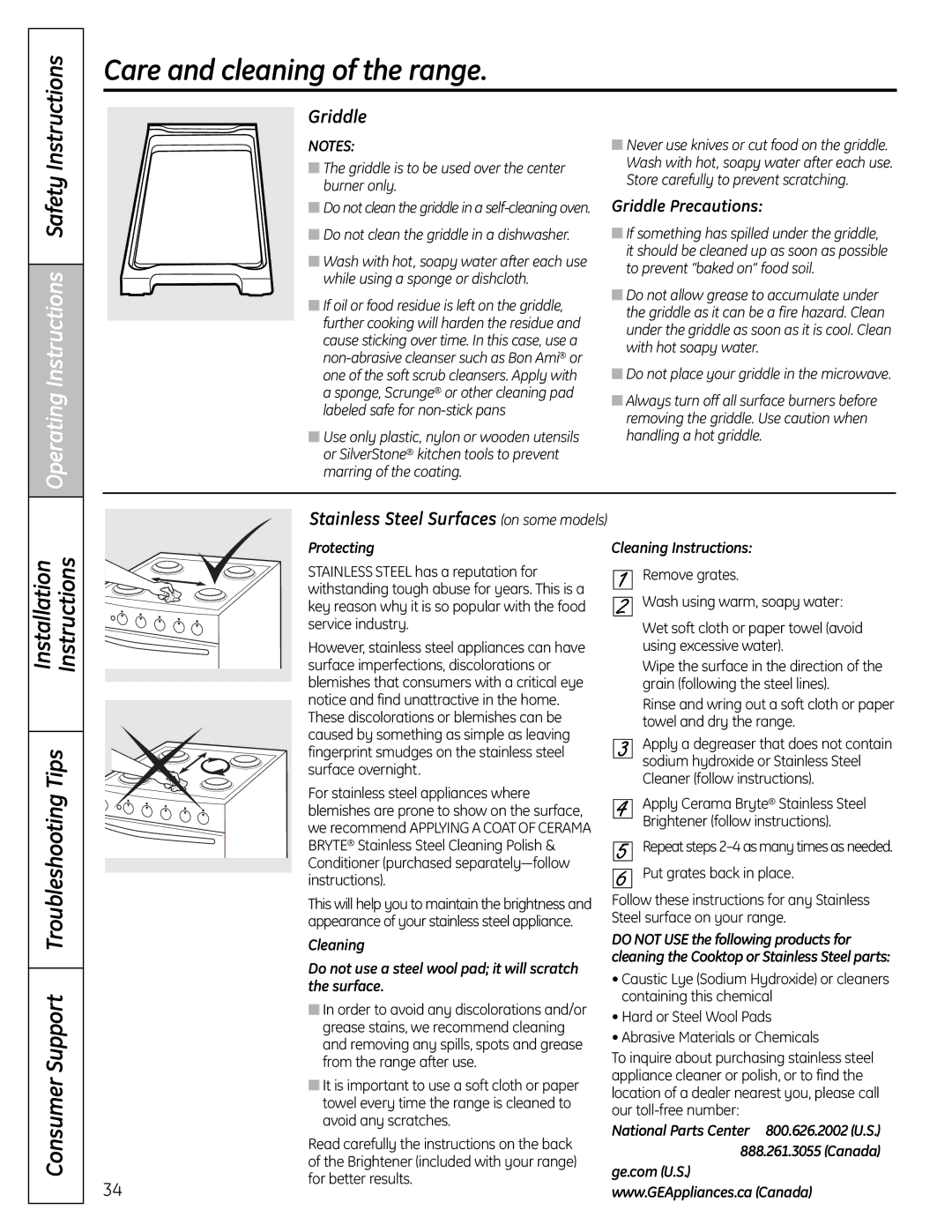 GE C2S980 installation instructions Stainless Steel Surfaces on some models, Griddle Precautions, Protecting 