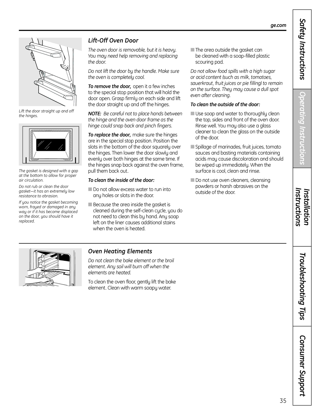 GE C2S980 Lift-Off Oven Door, Oven Heating Elements, To clean the inside of the door, To clean the outside of the door 