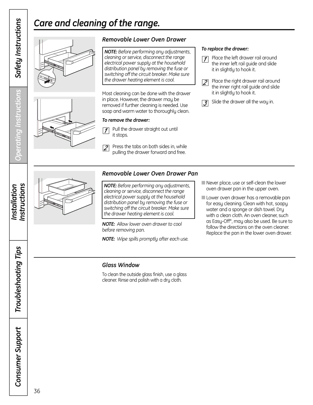 GE C2S980 installation instructions Removable Lower Oven Drawer, Glass Window, To remove the drawer To replace the drawer 