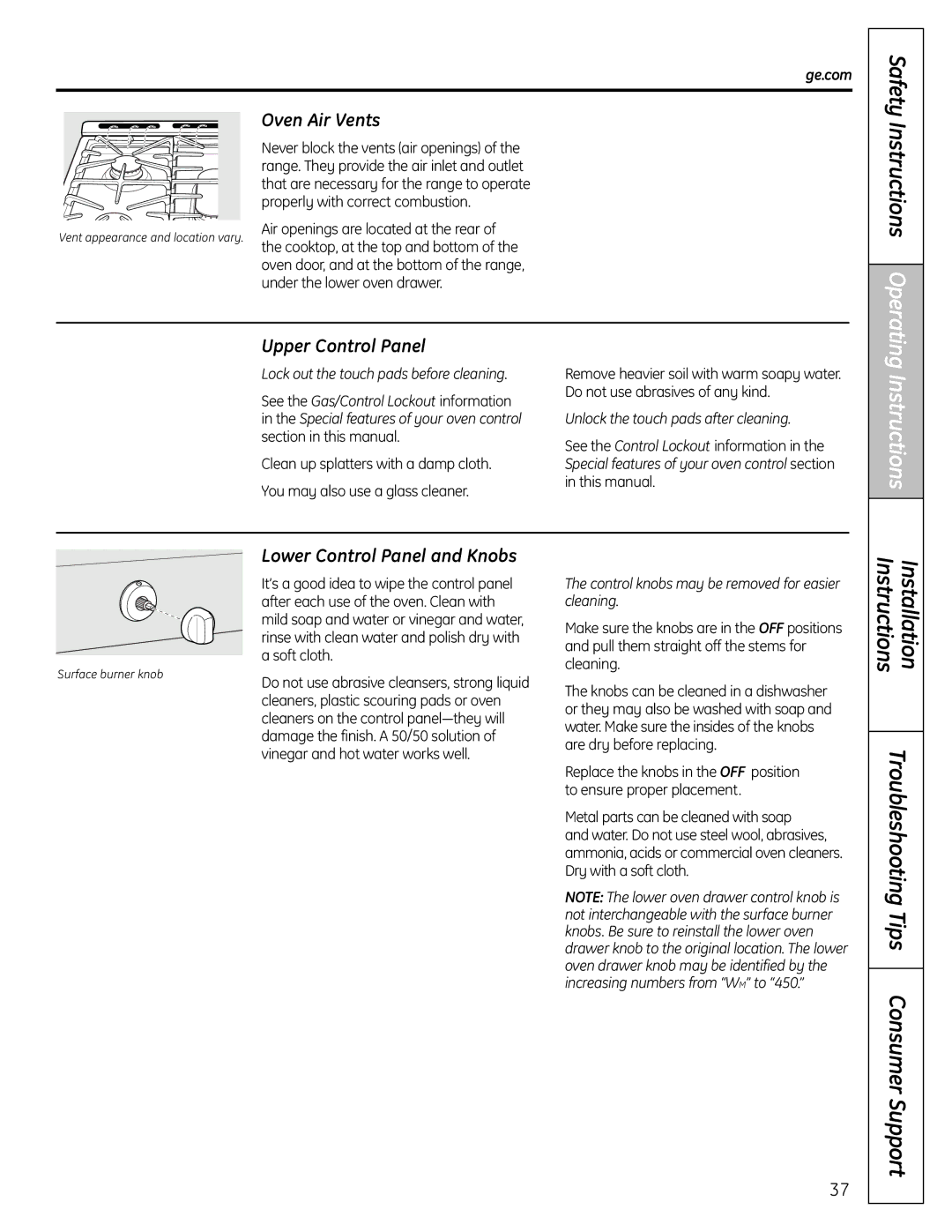 GE C2S980 installation instructions Oven Air Vents, Upper Control Panel, Lower Control Panel and Knobs 