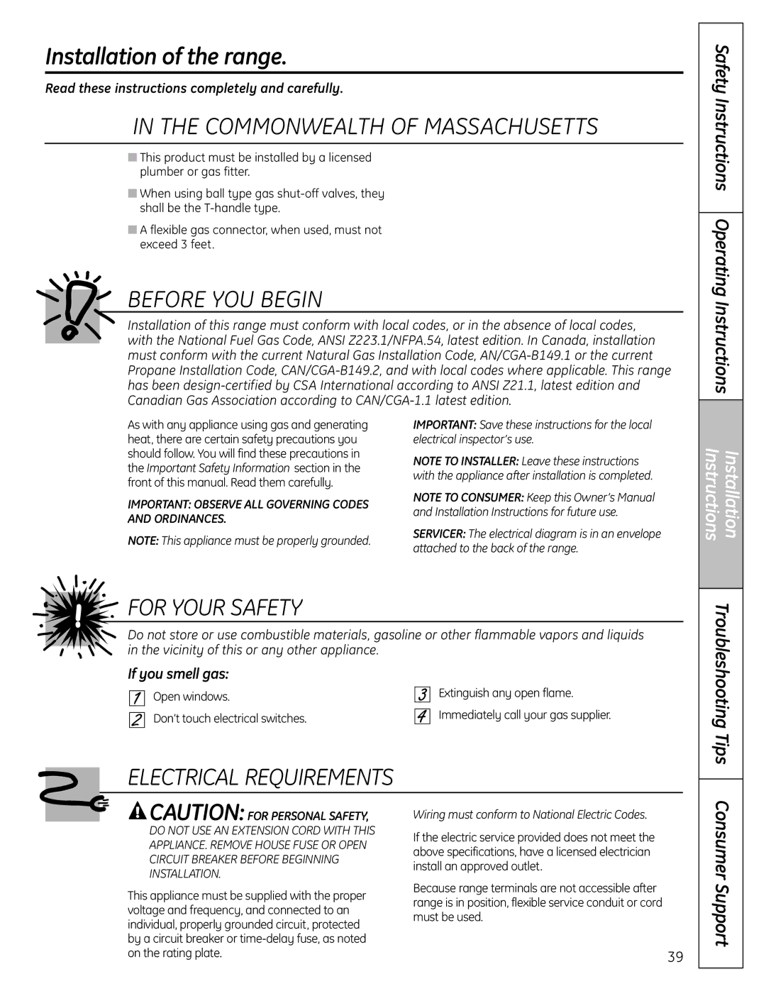 GE C2S980 Installation of the range, Safety Instructions Operating Instructions, Instructions Installation 