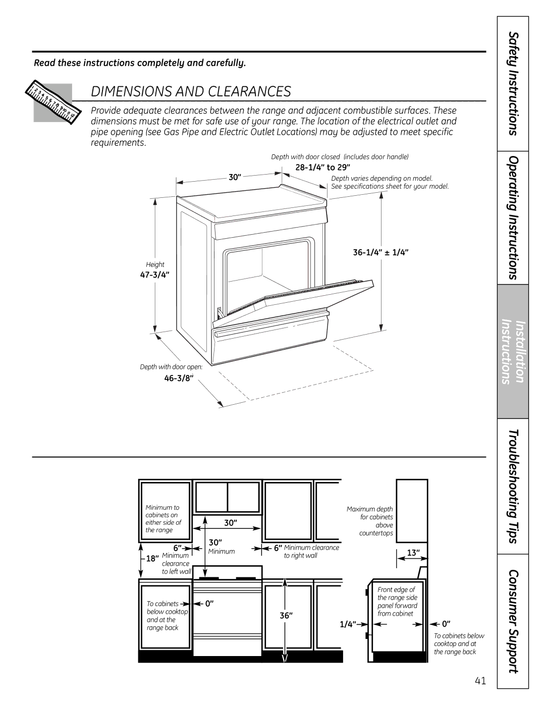 GE C2S980 installation instructions Dimensions and Clearances 