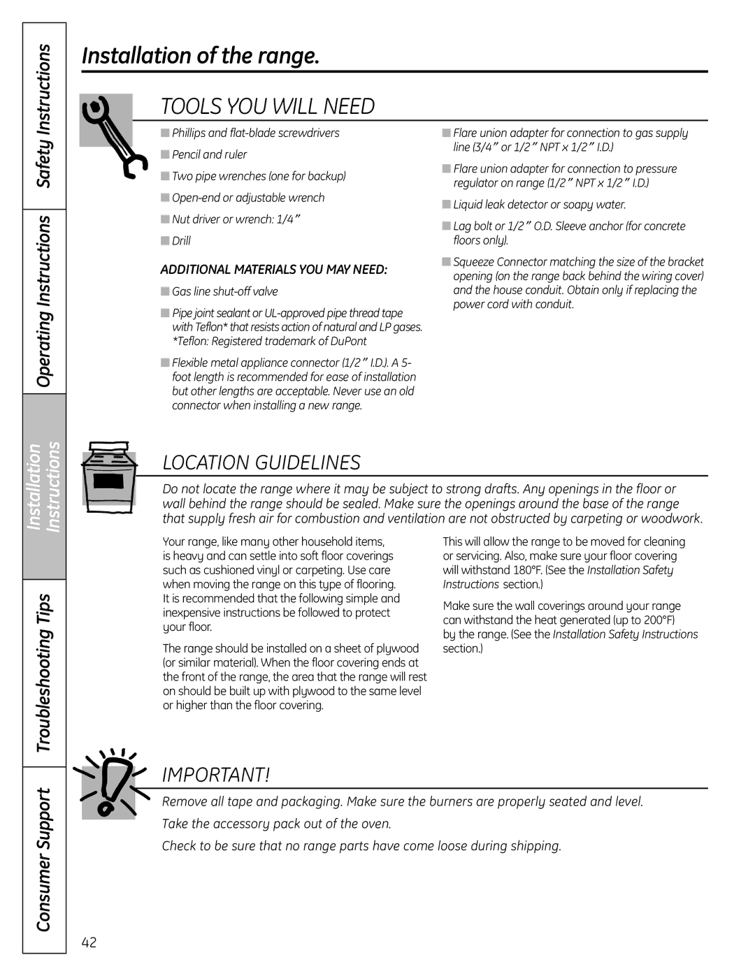 GE C2S980 installation instructions Operating Instructions Safety, Gas line shut-off valve 