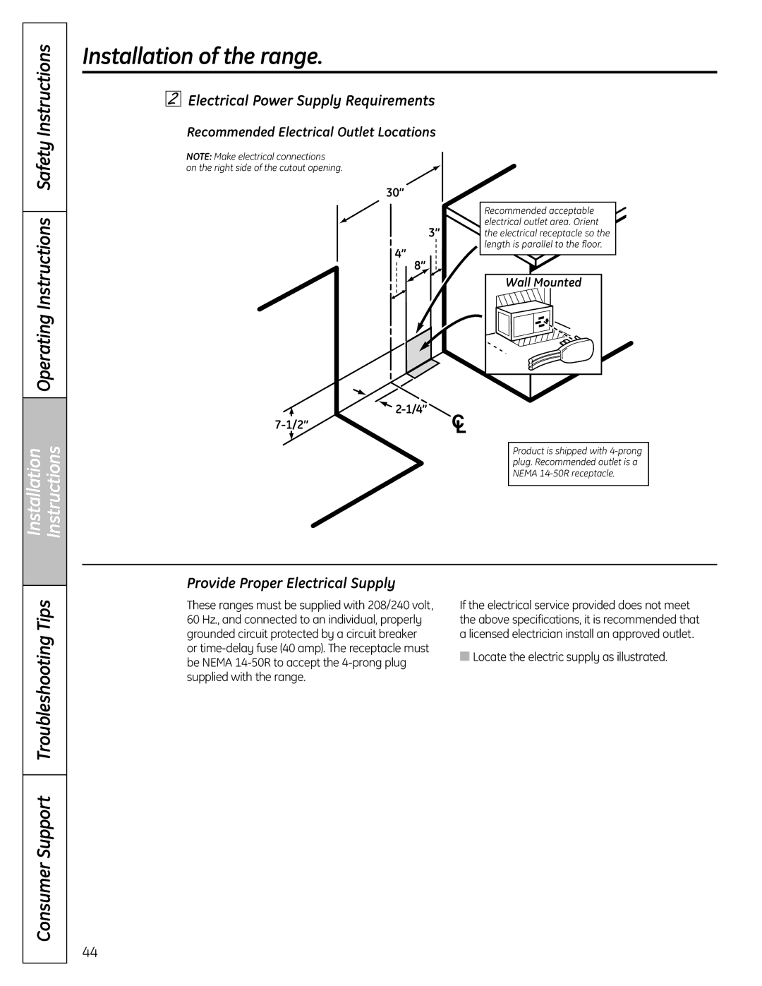 GE C2S980 Electrical Power Supply Requirements, Provide Proper Electrical Supply, Recommended Electrical Outlet Locations 