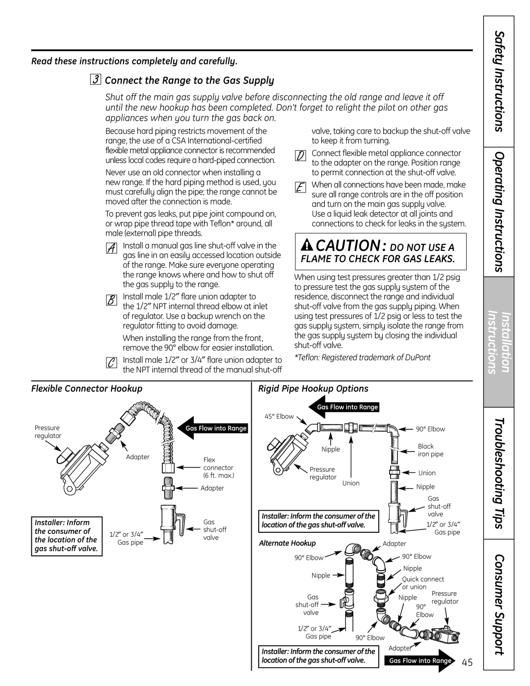 GE C2S980 Connect the Range to the Gas Supply, Flexible Connector Hookup Rigid Pipe Hookup Options 