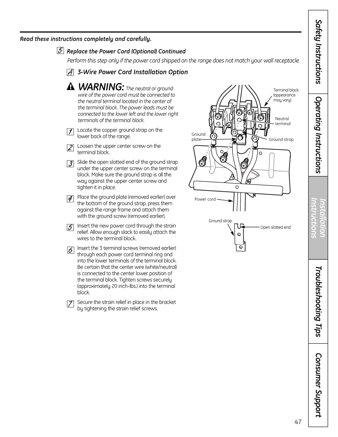 GE C2S980 installation instructions Wire Power Cord Installation Option, Insert the new power cord through the strain 