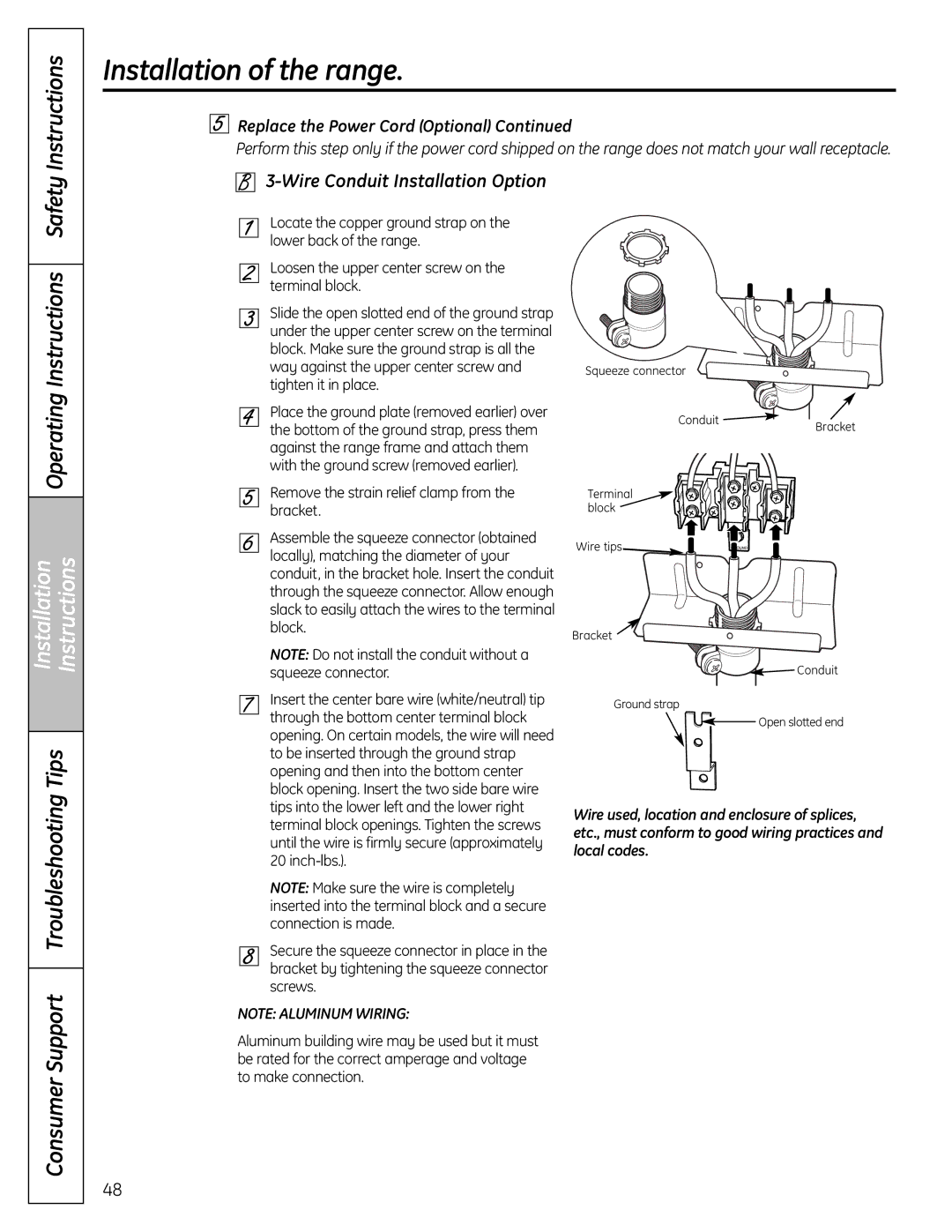 GE C2S980 installation instructions Installation Instructions, Wire Conduit Installation Option 