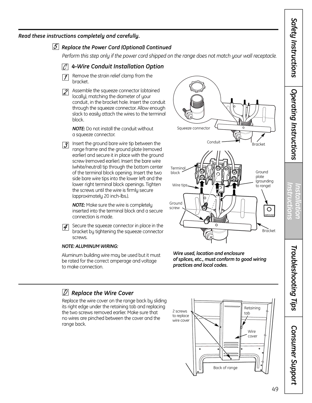 GE C2S980 Tips Consumer, Wire Conduit Installation Option Safety Instructions, Replace the Wire Cover 