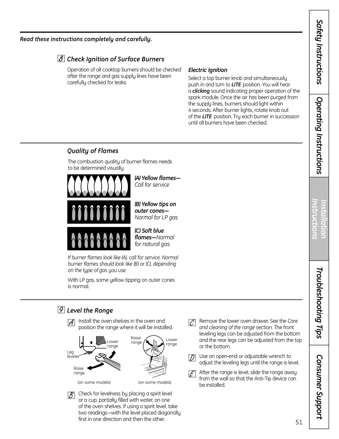 GE C2S980 Safety Instructions Operating, Check Ignition of Surface Burners, Quality of Flames, Level the Range 