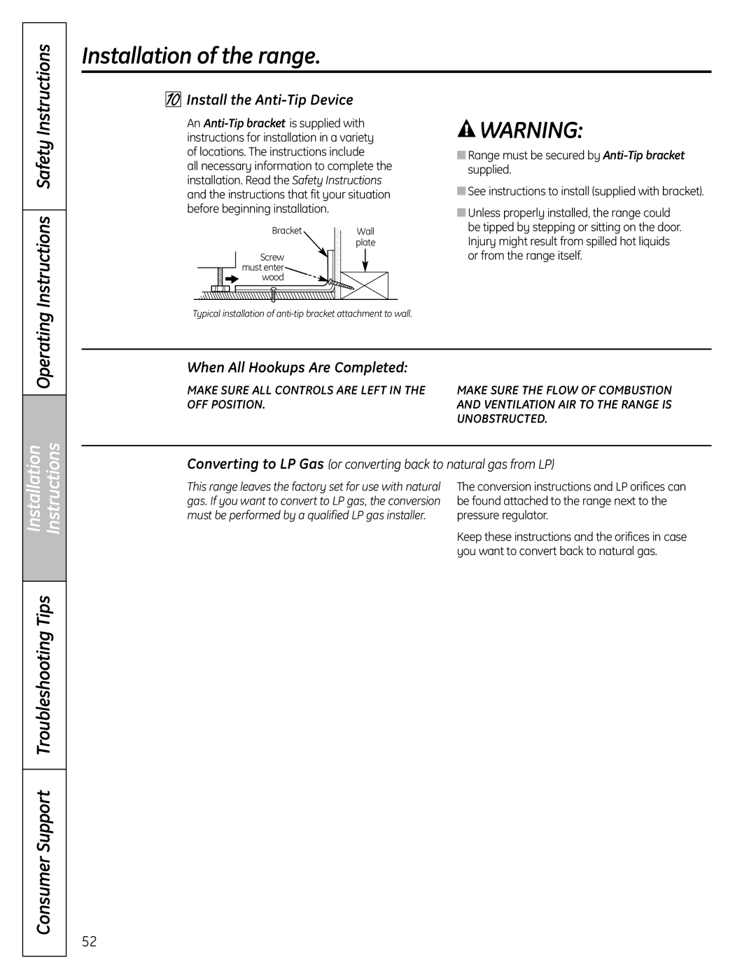 GE C2S980 installation instructions Instructions Safety, Install the Anti-Tip Device, When All Hookups Are Completed 