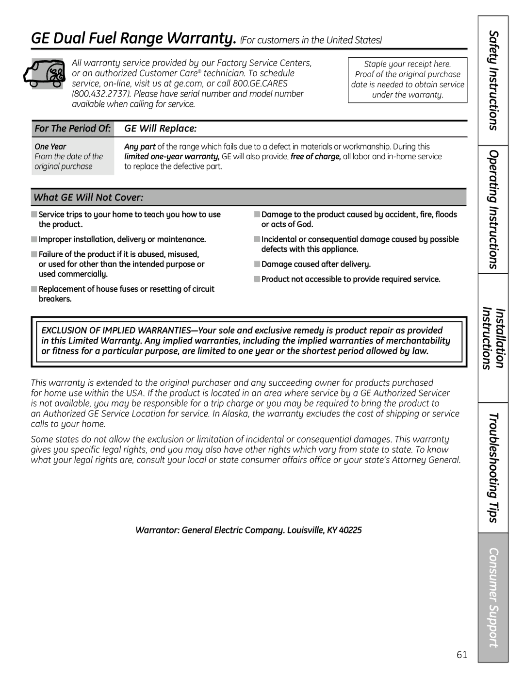 GE C2S980 GE Will Replace, What GE Will Not Cover, Warrantor General Electric Company. Louisville, KY, One Year 