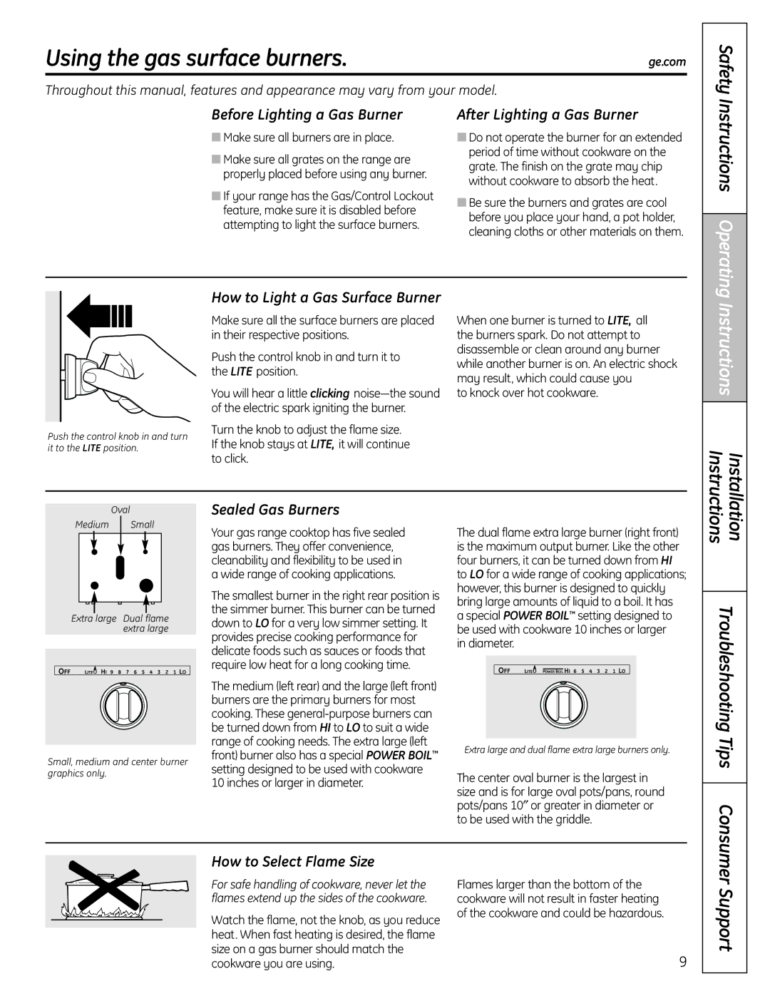 GE C2S980 installation instructions Using the gas surface burners, Safety, Instructions Installation, Support 