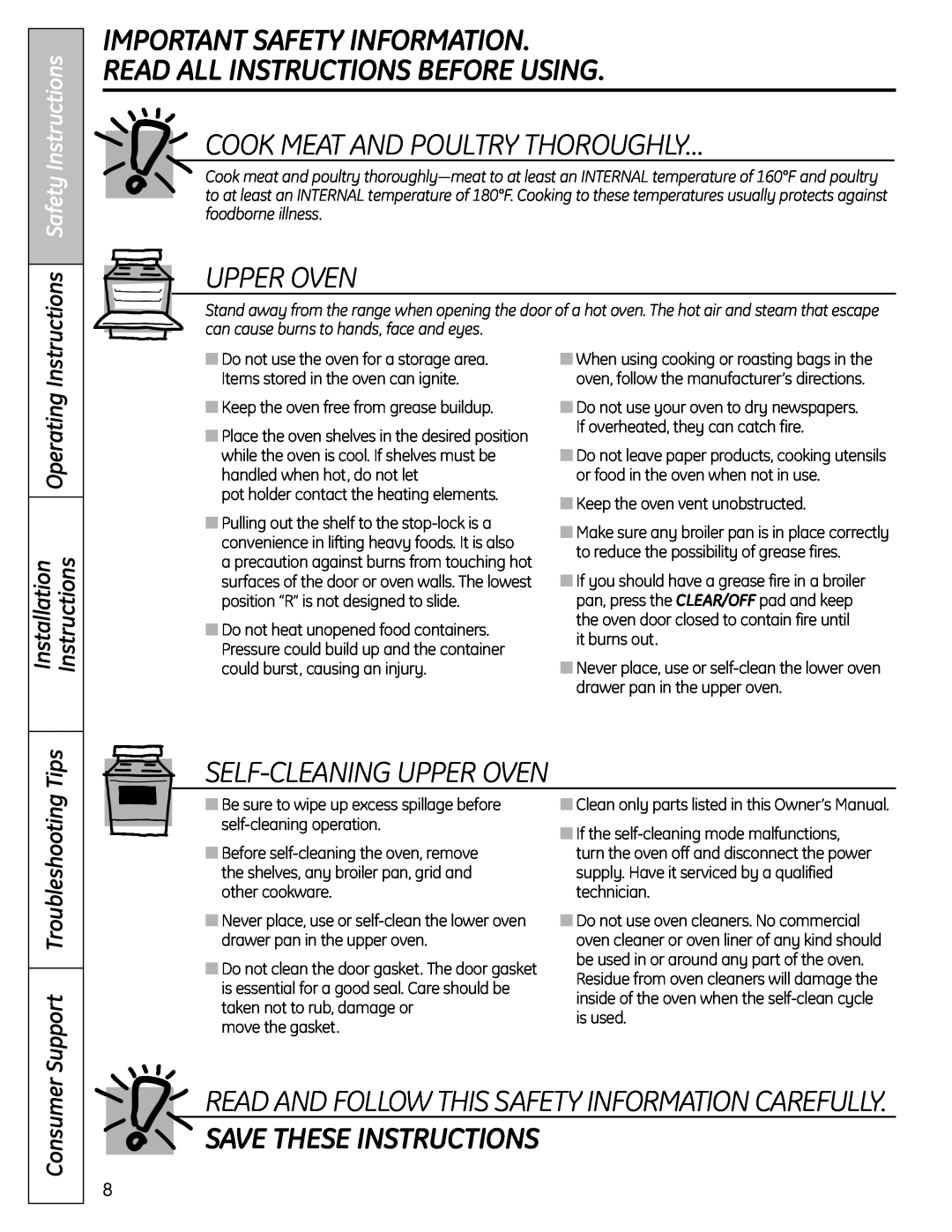 GE C2S980 Cook Meat And Poultry Thoroughly…, Upper Oven, Self-Cleaningupper Oven, Save These Instructions, Operating, Tips 