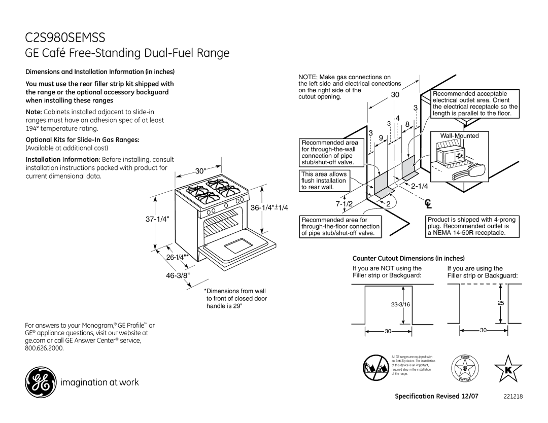 GE C2S980SEMSS dimensions Optional Kits for Slide-In Gas Ranges, Installation Information Before installing, consult 