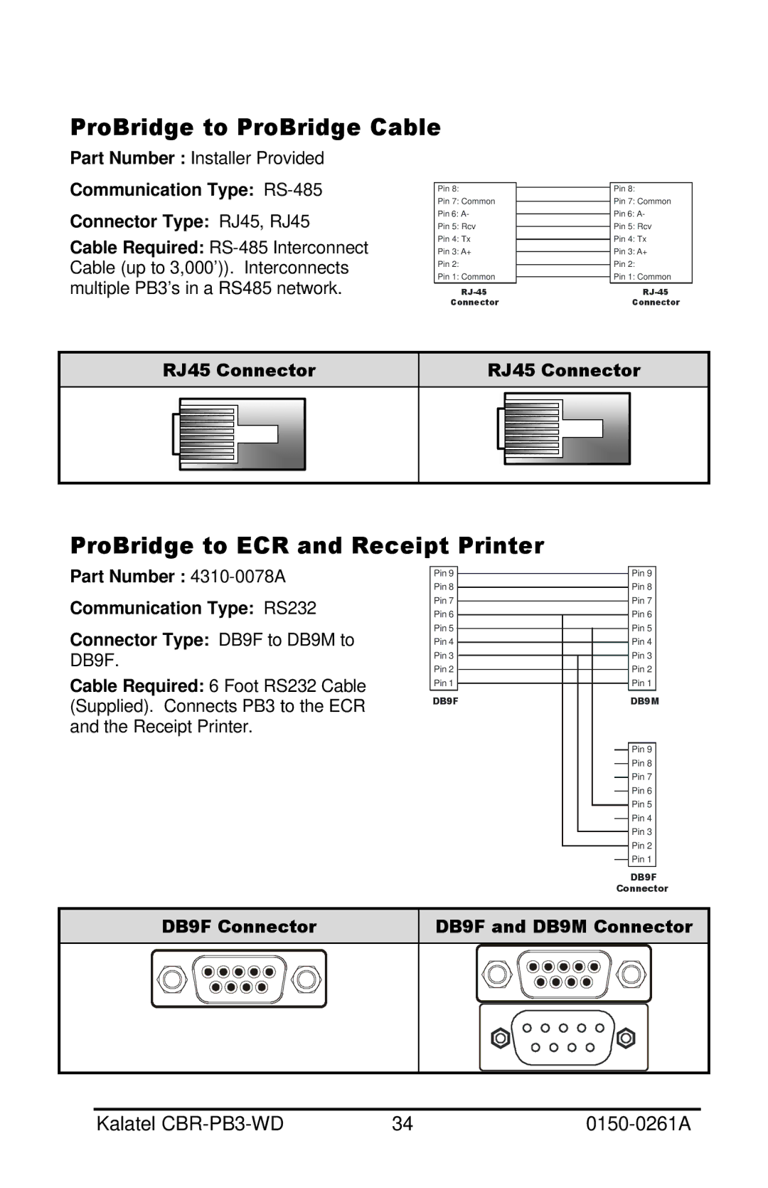 GE CBR-PB3-WD installation manual ProBridge to ProBridge Cable, ProBridge to ECR and Receipt Printer, RJ45 Connector 