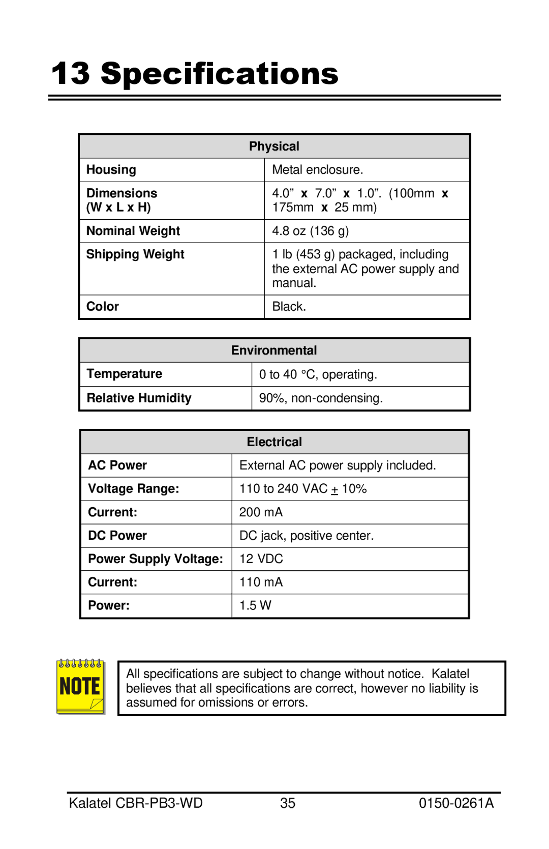 GE CBR-PB3-WD installation manual Specifications 