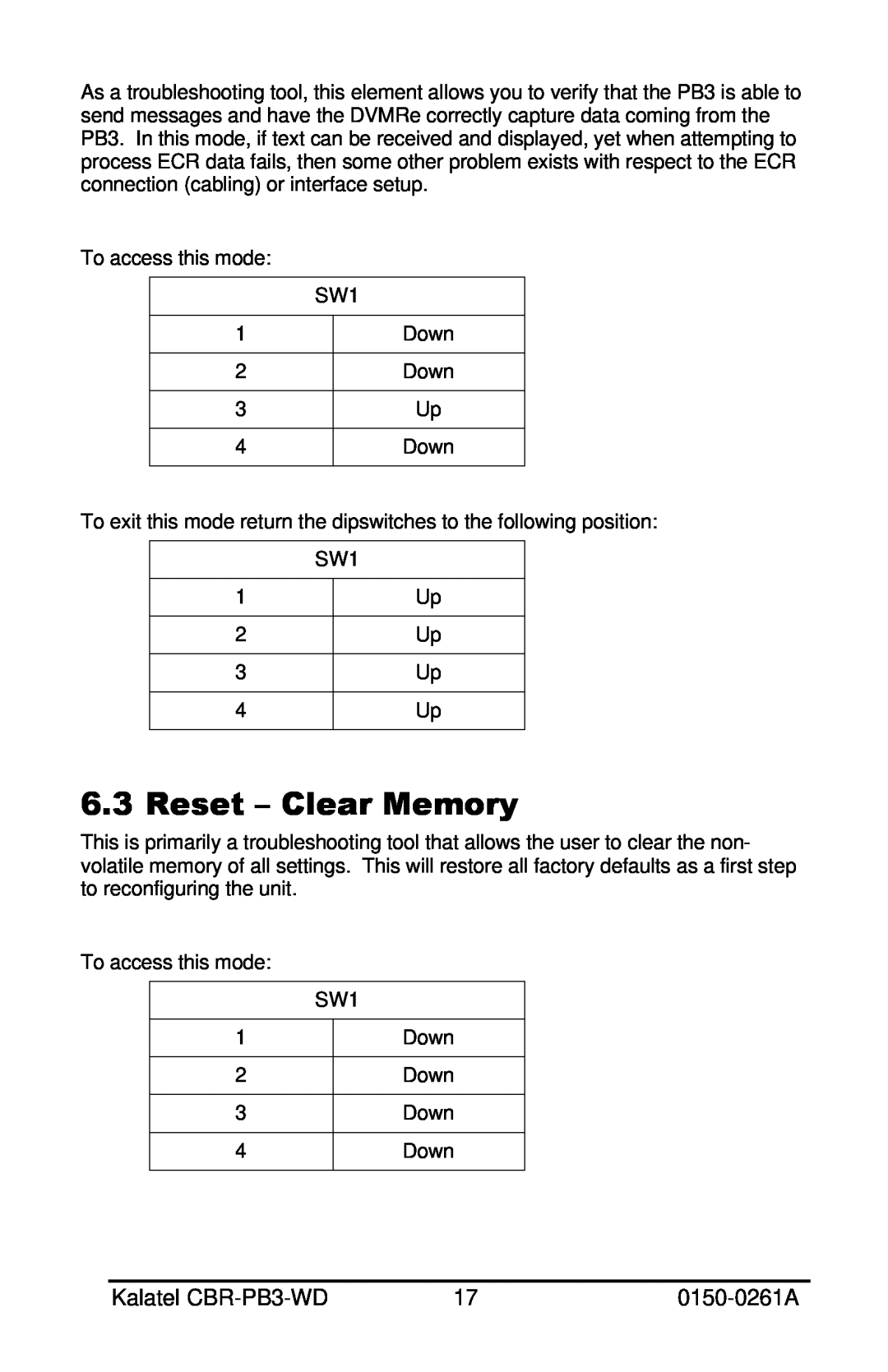 GE installation manual Reset - Clear Memory, Kalatel CBR-PB3-WD, 0150-0261A 