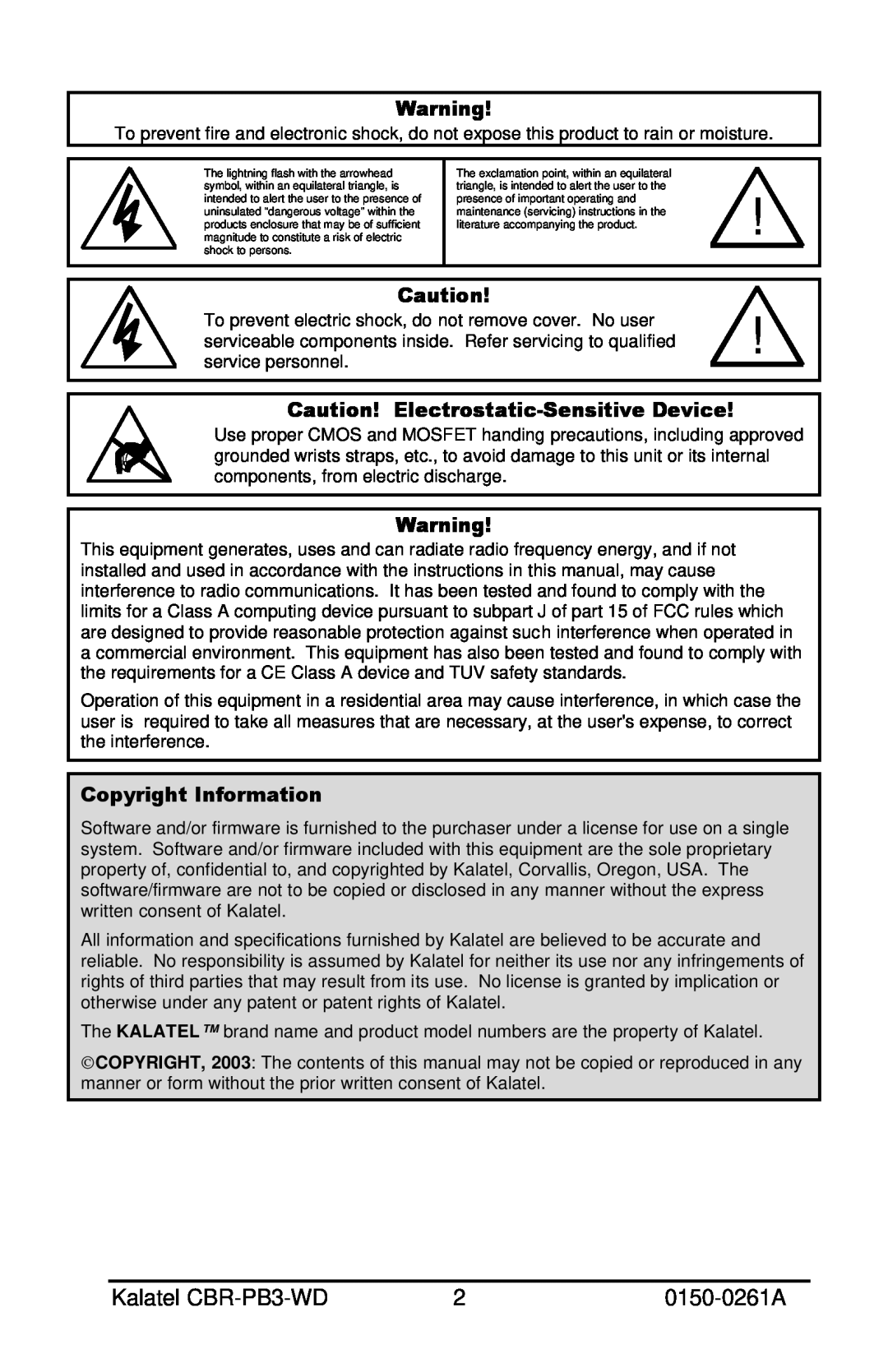 GE installation manual Kalatel CBR-PB3-WD, 0150-0261A, Caution! Electrostatic-Sensitive Device, Copyright Information 