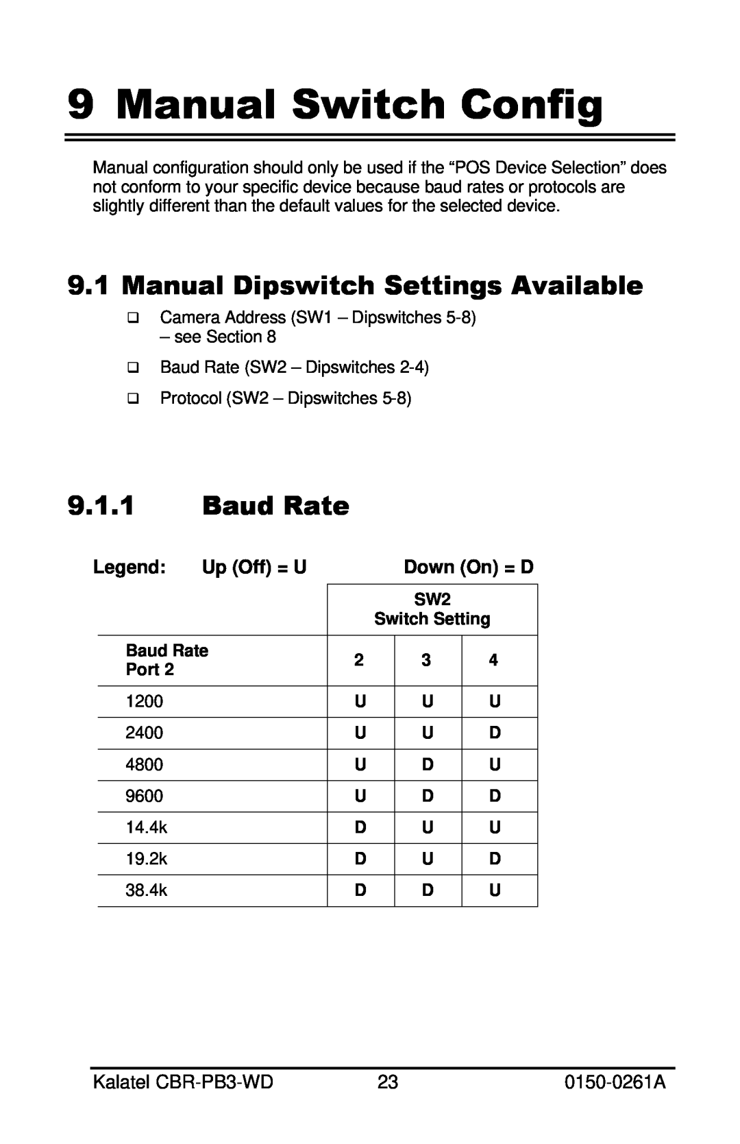 GE CBR-PB3-WD installation manual Manual Switch Config, Manual Dipswitch Settings Available, Baud Rate 