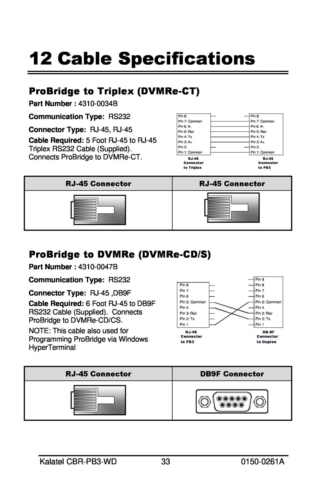 GE CBR-PB3-WD installation manual Cable Specifications, ProBridge to Triplex DVMRe-CT, ProBridge to DVMRe DVMRe-CD/S 