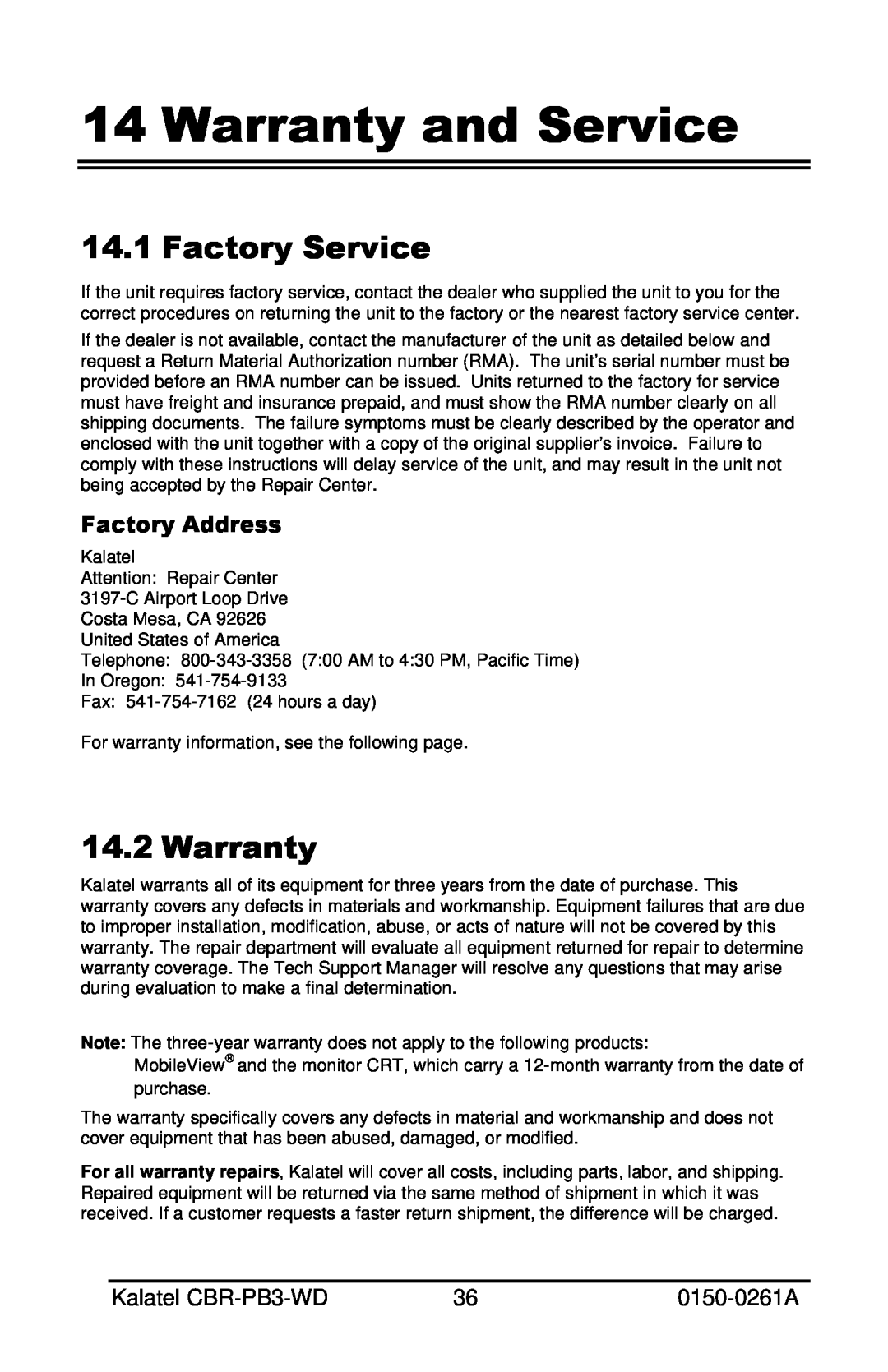GE CBR-PB3-WD installation manual Warranty and Service, Factory Service 