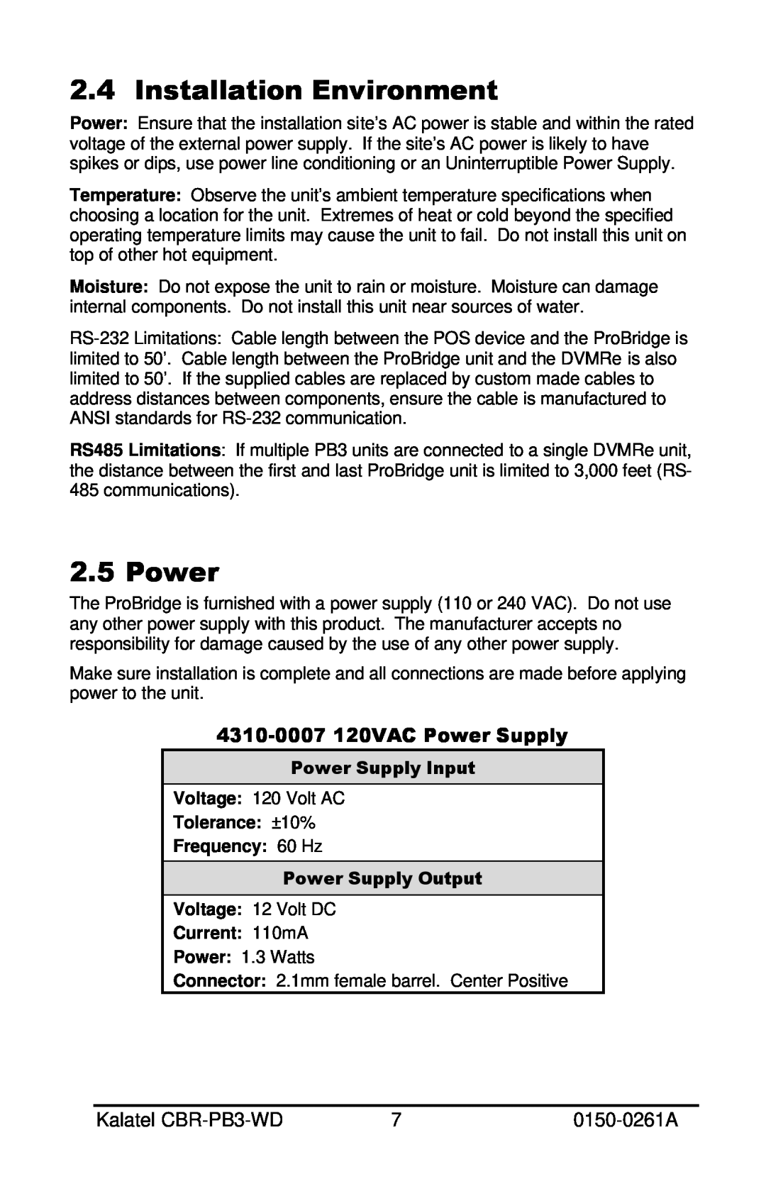 GE CBR-PB3-WD installation manual Installation Environment, 4310-0007 120VAC Power Supply 