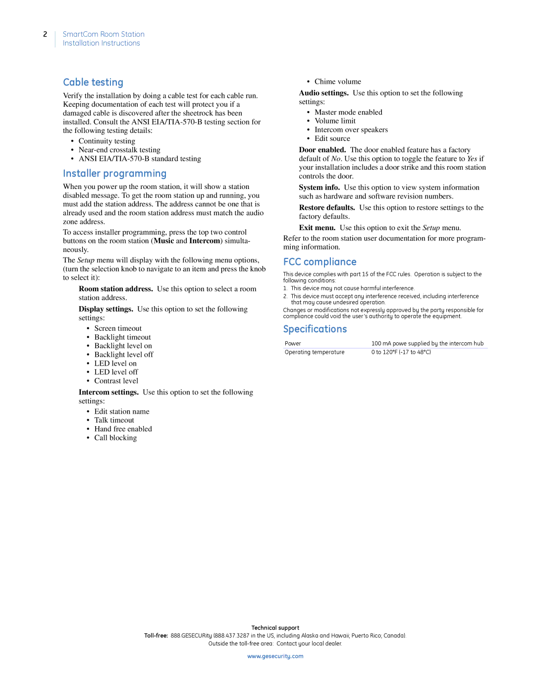 GE CC-SCRS01 installation instructions Cable testing, Installer programming, FCC compliance, Specifications 