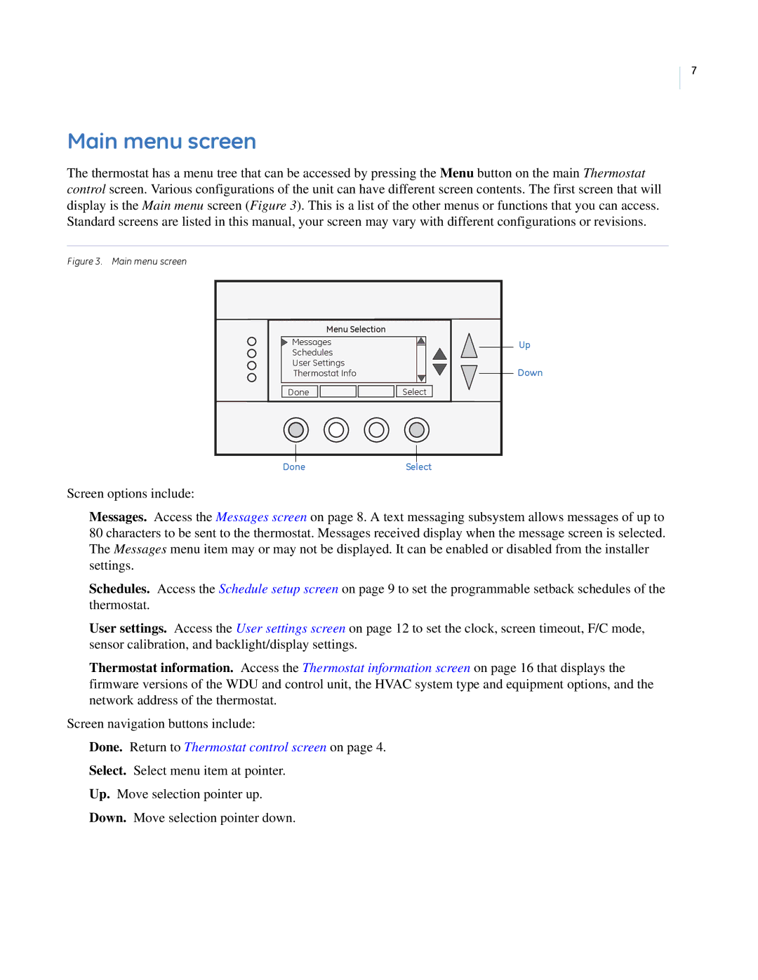 GE CC-SCSTAT installation manual Main menu screen, Done. Return to Thermostat control screen on 