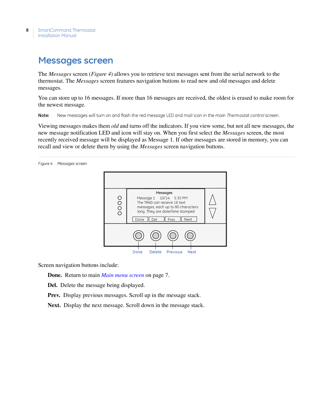 GE CC-SCSTAT installation manual Messages screen 