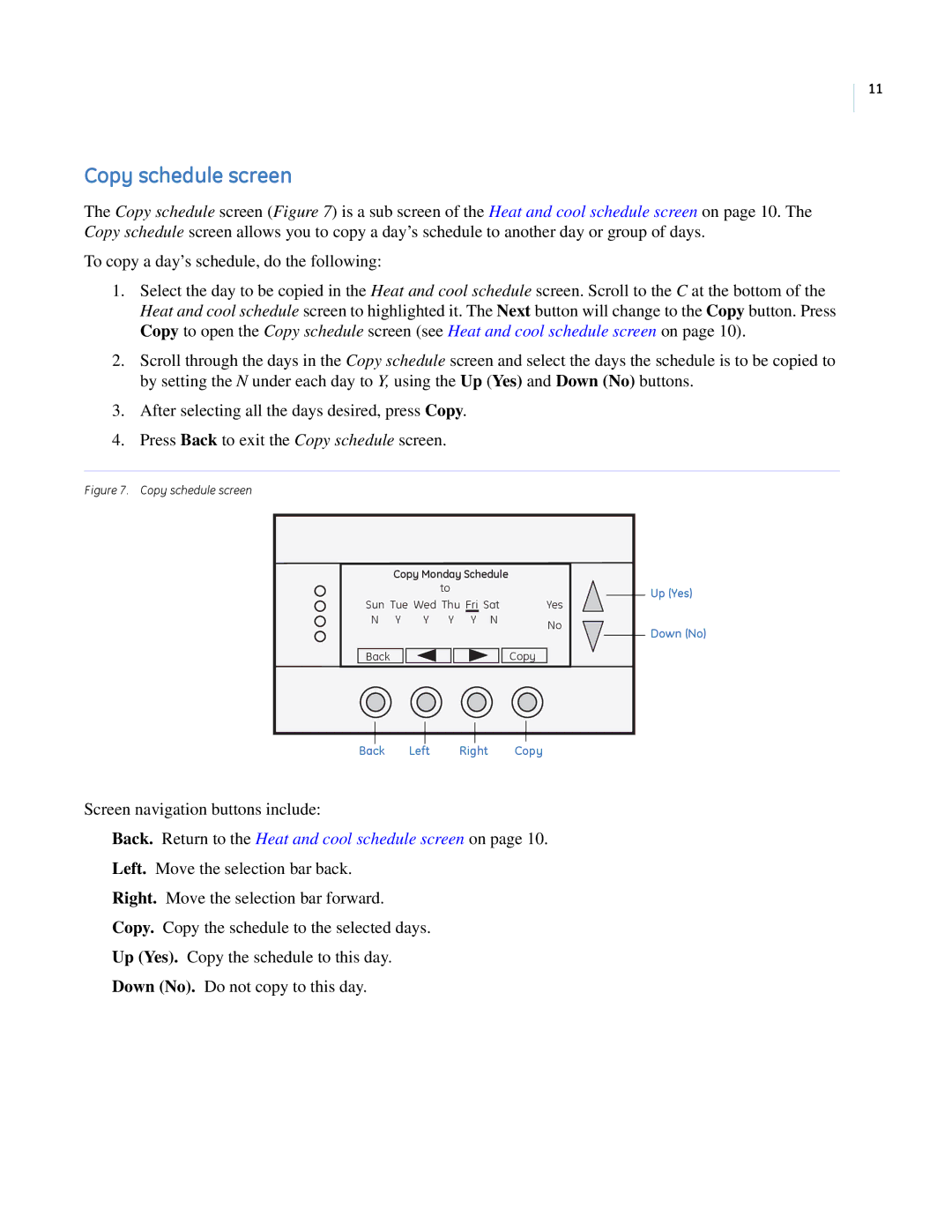 GE CC-SCSTAT installation manual Copy schedule screen, Back. Return to the Heat and cool schedule screen on 