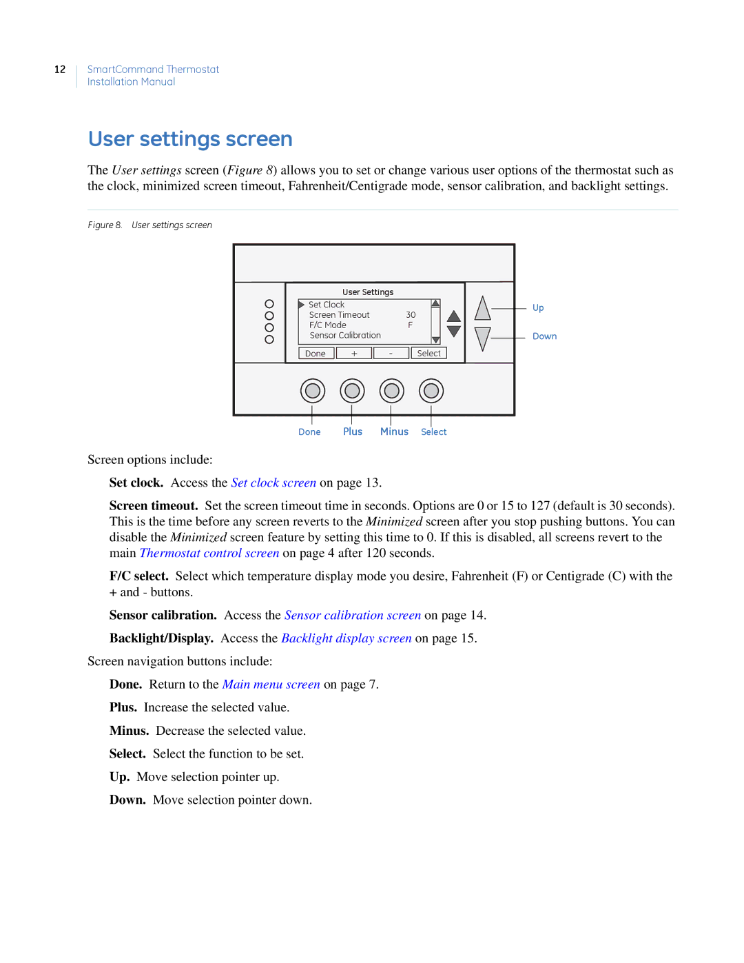 GE CC-SCSTAT installation manual User settings screen 