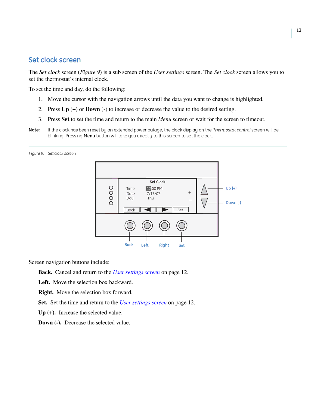 GE CC-SCSTAT installation manual Set clock screen 