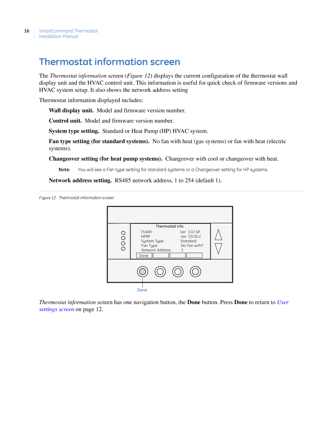 GE CC-SCSTAT installation manual Thermostat information screen 