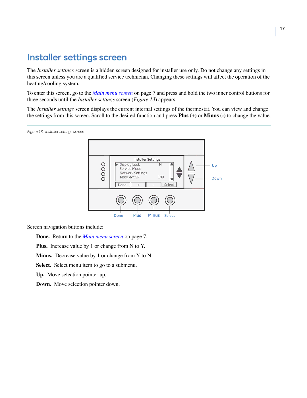 GE CC-SCSTAT installation manual Installer settings screen 