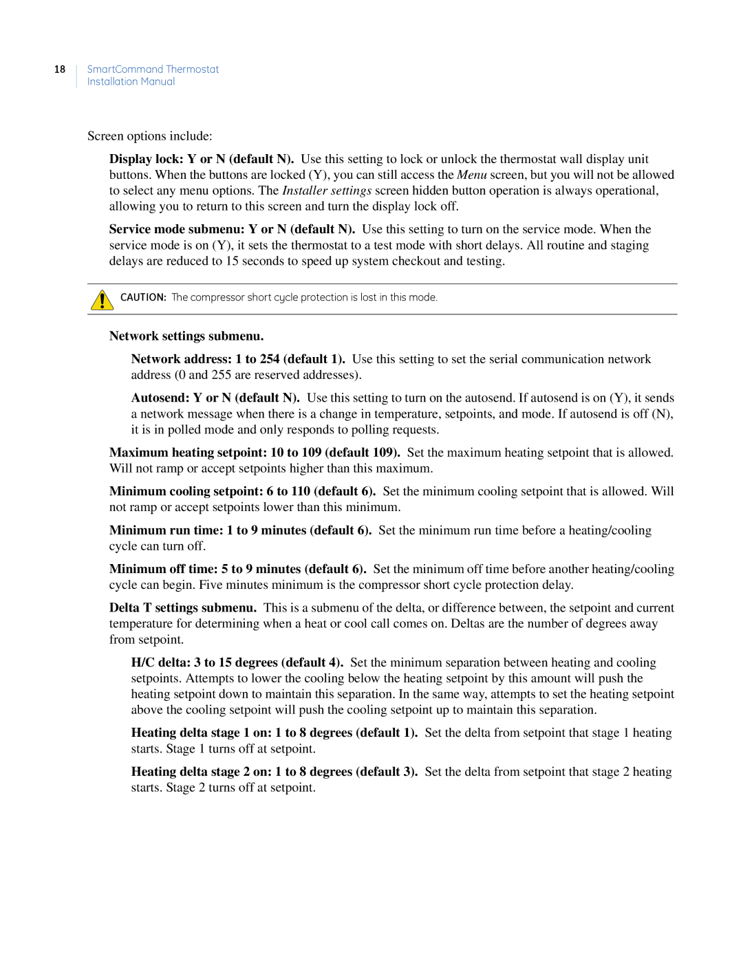 GE CC-SCSTAT installation manual Network settings submenu 