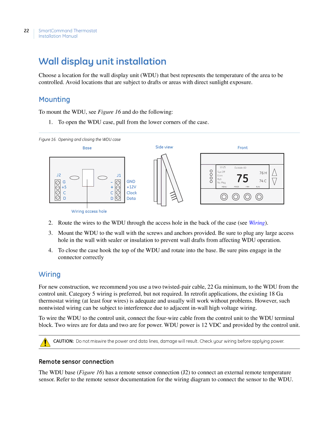 GE CC-SCSTAT installation manual Wall display unit installation, Mounting, Wiring, Remote sensor connection 