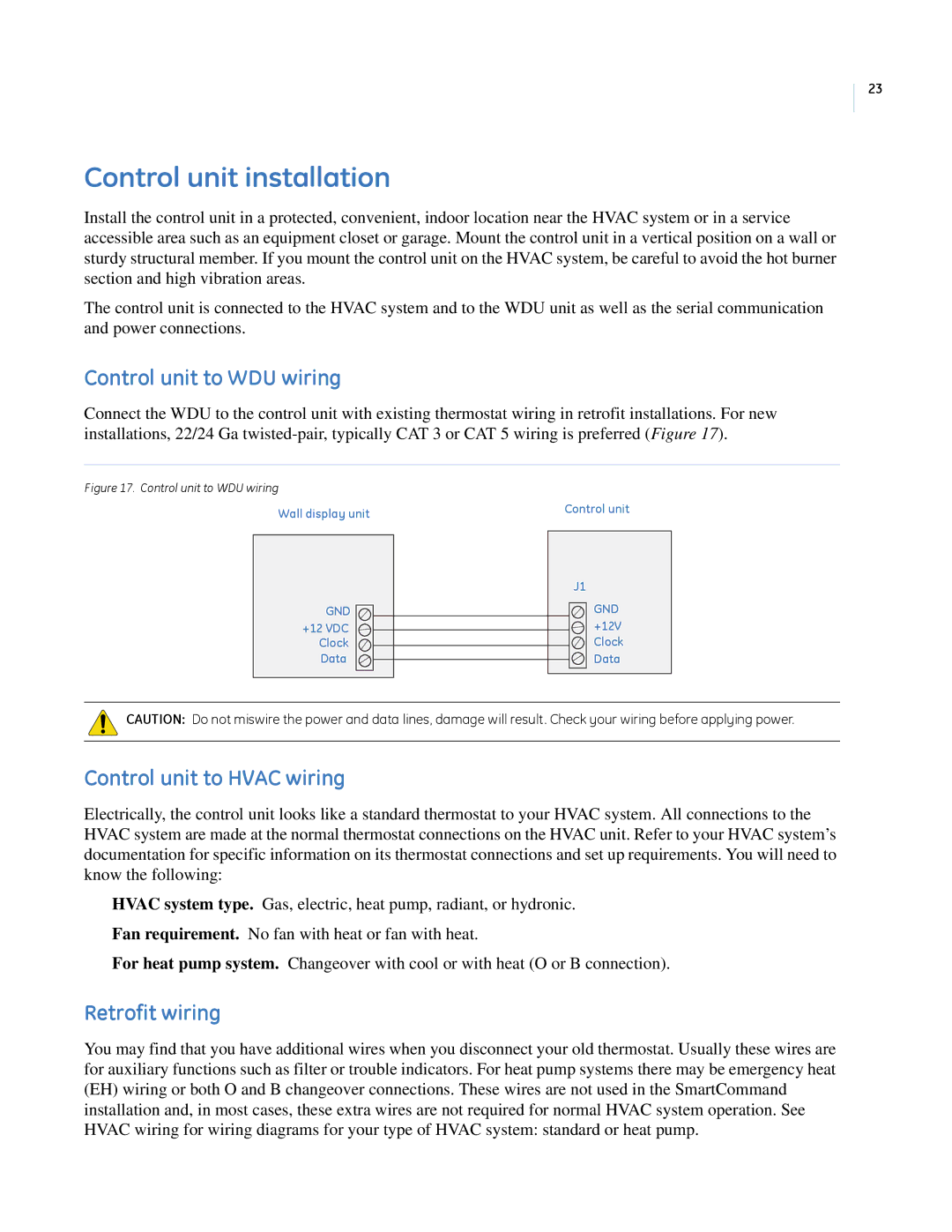 GE CC-SCSTAT Control unit installation, Control unit to WDU wiring, Control unit to Hvac wiring, Retrofit wiring 