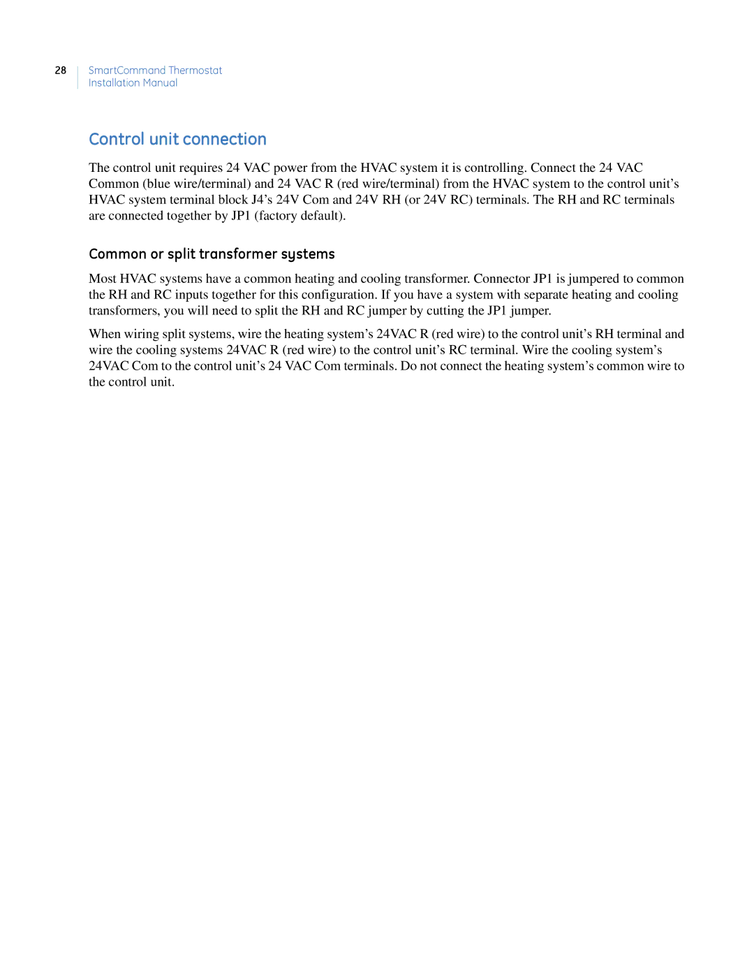 GE CC-SCSTAT installation manual Control unit connection, Common or split transformer systems 