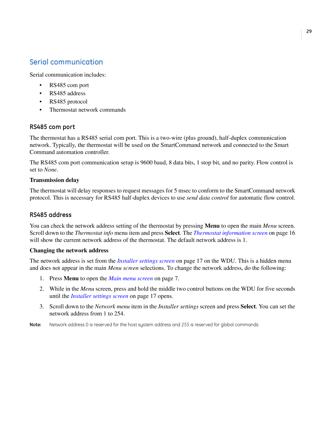 GE CC-SCSTAT installation manual Serial communication, RS485 com port, RS485 address 