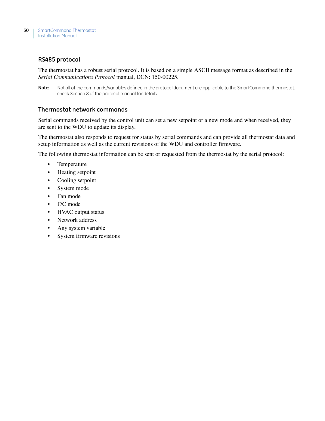 GE CC-SCSTAT installation manual RS485 protocol, Thermostat network commands 