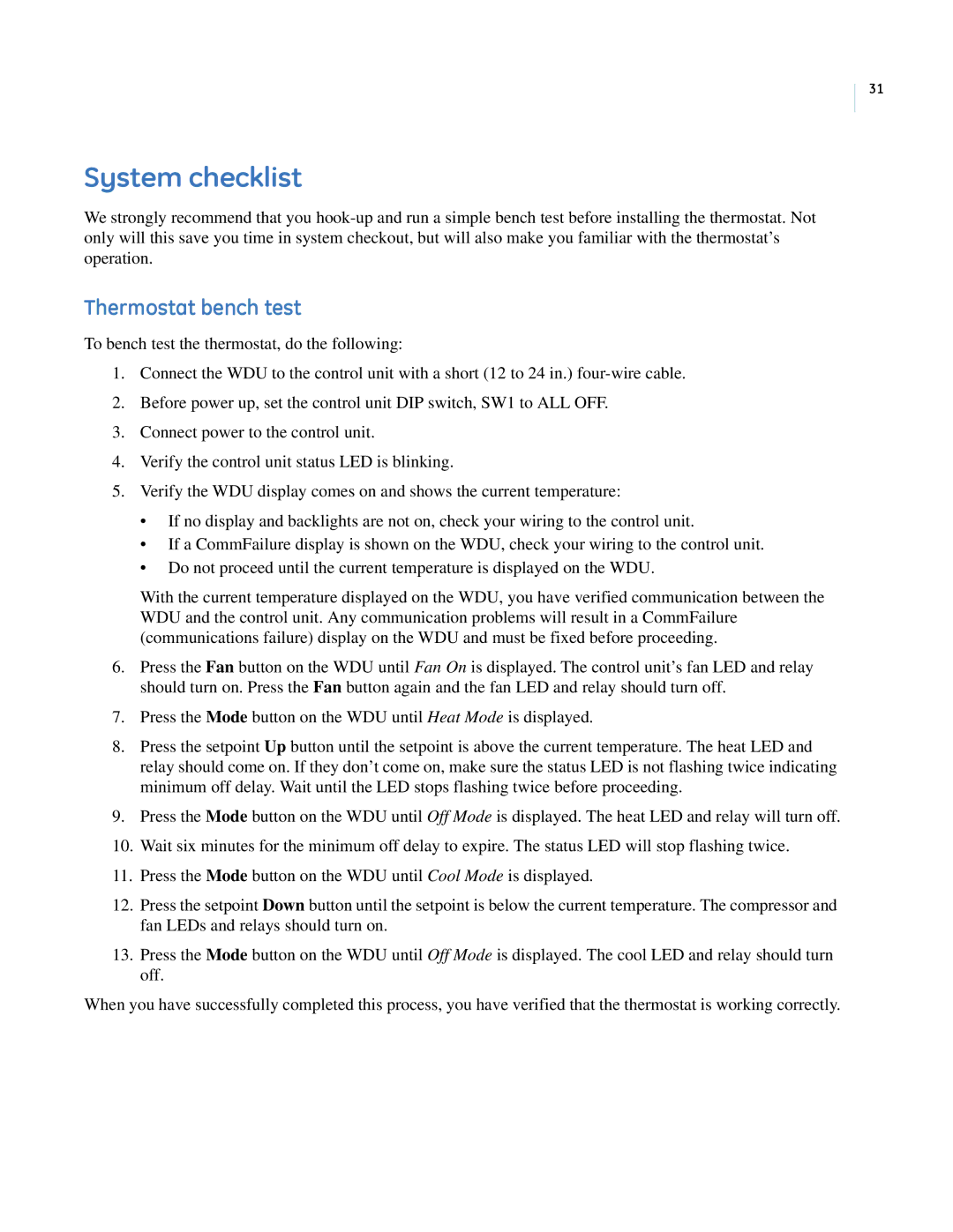 GE CC-SCSTAT installation manual System checklist, Thermostat bench test 