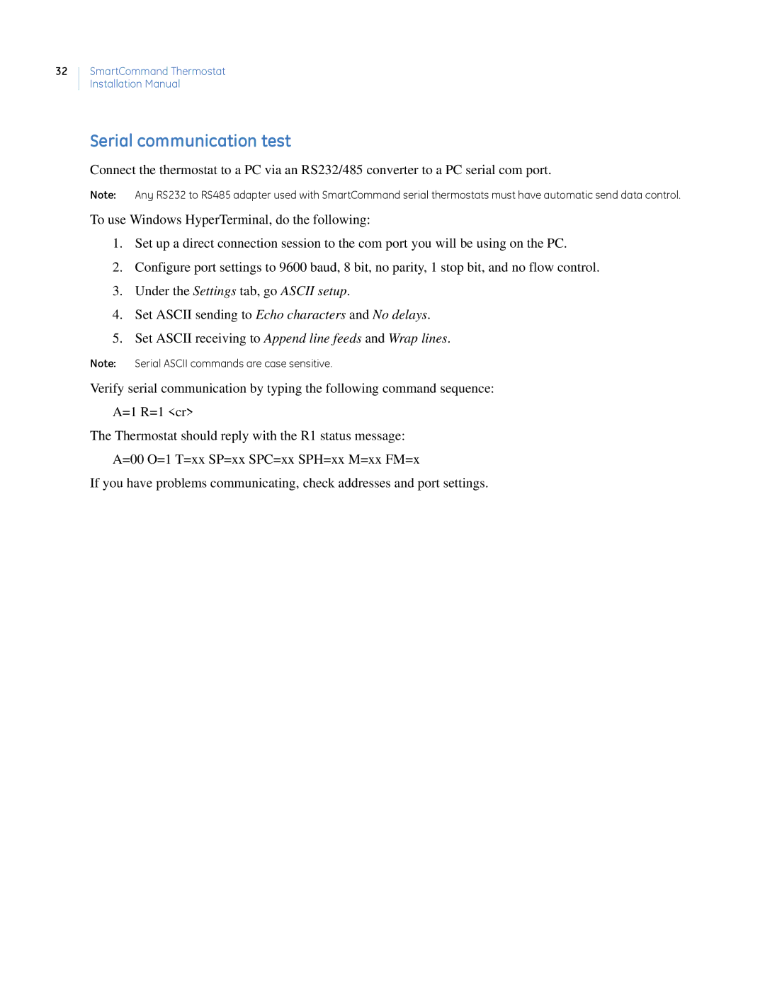 GE CC-SCSTAT installation manual Serial communication test, Under the Settings tab, go Ascii setup 