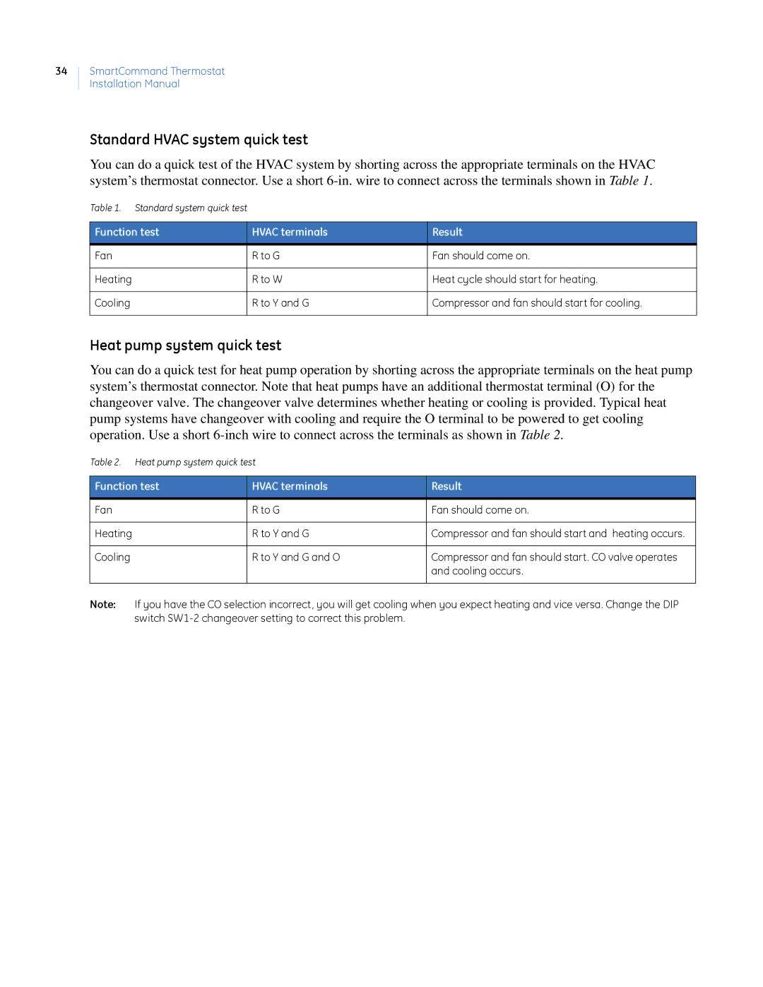 GE CC-SCSTAT installation manual Standard Hvac system quick test, Heat pump system quick test 