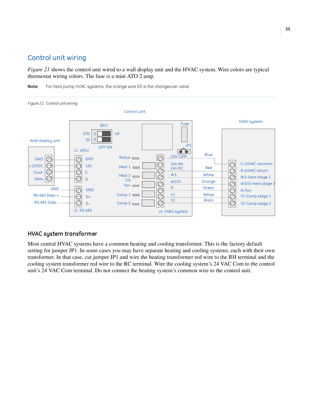 GE CC-SCSTAT installation manual Control unit wiring, Hvac system transformer 