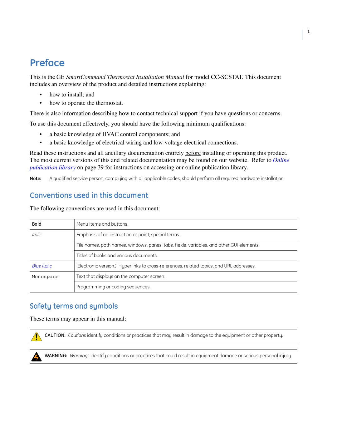 GE CC-SCSTAT installation manual Preface, Conventions used in this document, Safety terms and symbols 