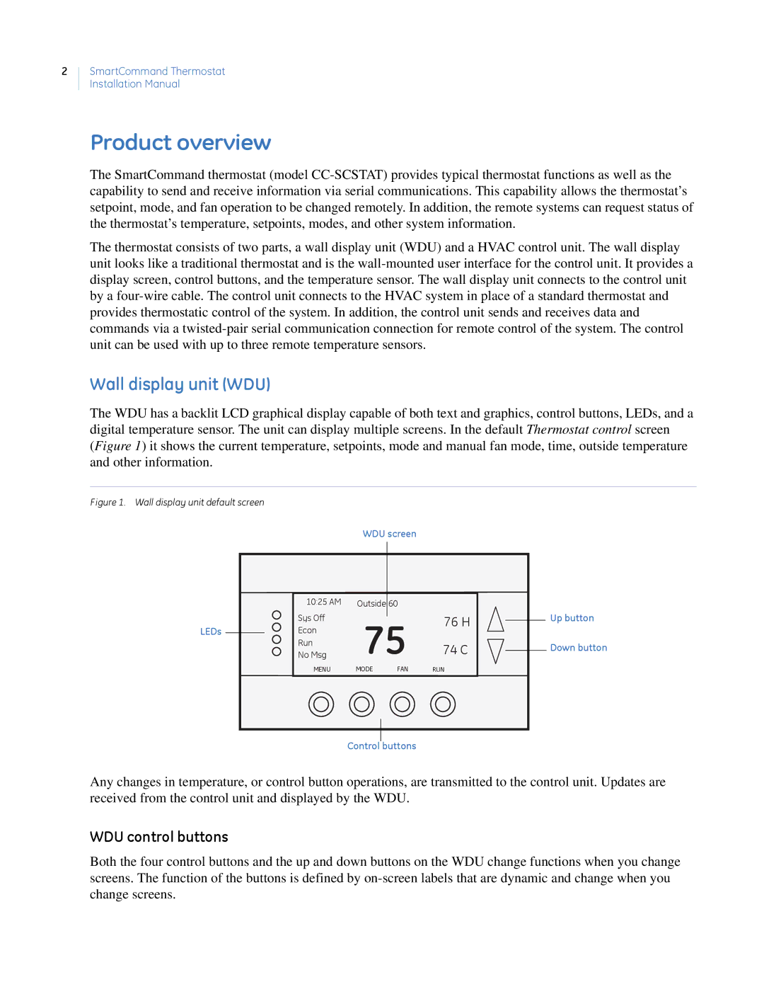 GE CC-SCSTAT installation manual Product overview, Wall display unit WDU, WDU control buttons 