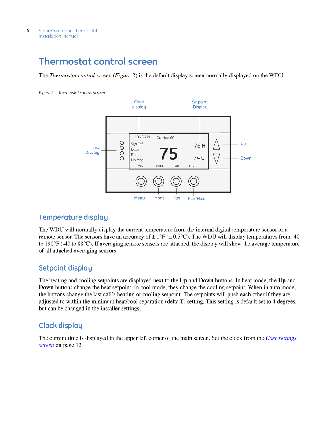 GE CC-SCSTAT installation manual Thermostat control screen, Temperature display, Setpoint display, Clock display 