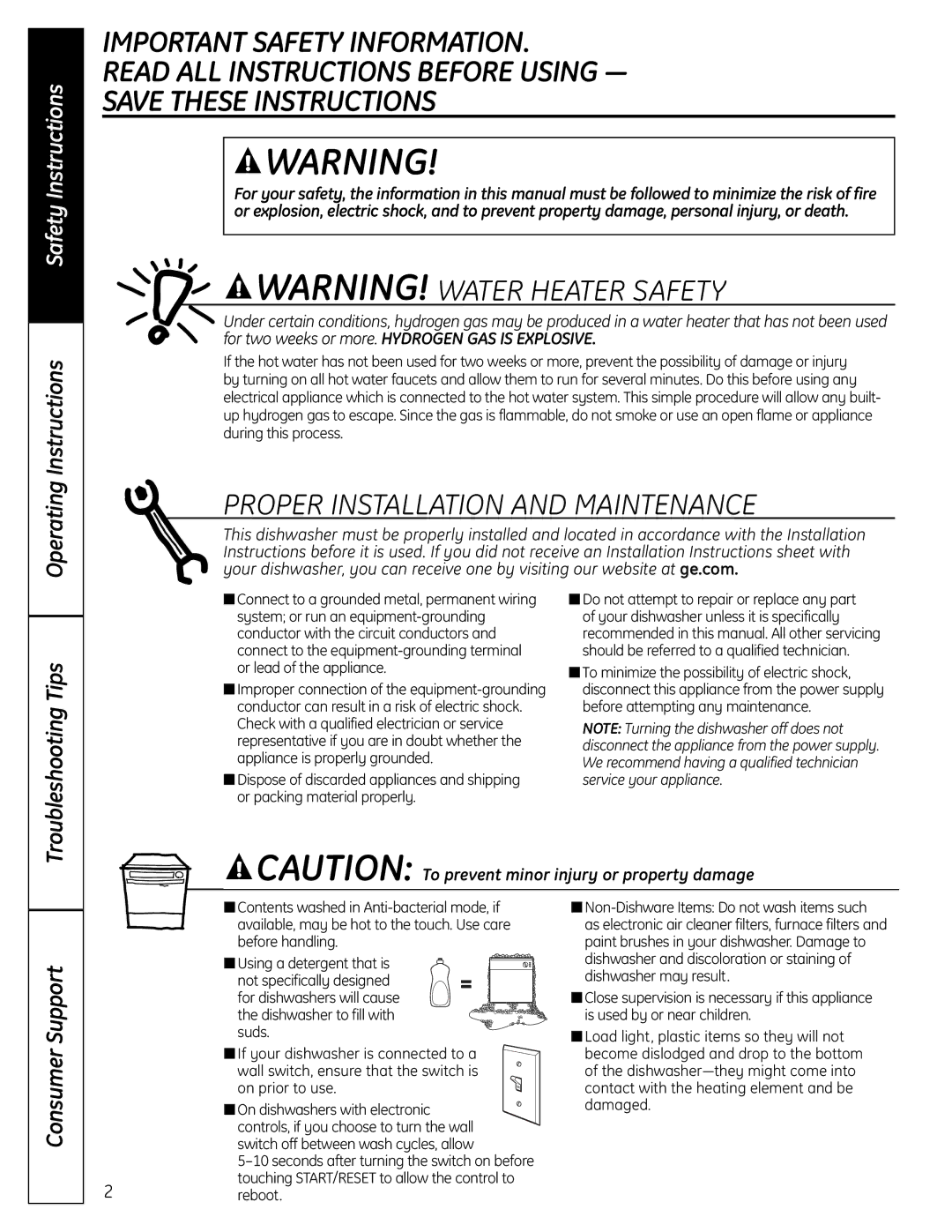 GE CDW9000 Series, GLD8000 Series manual Operating Instructions, Troubleshooting Tips, Consumer Support, On prior to use 